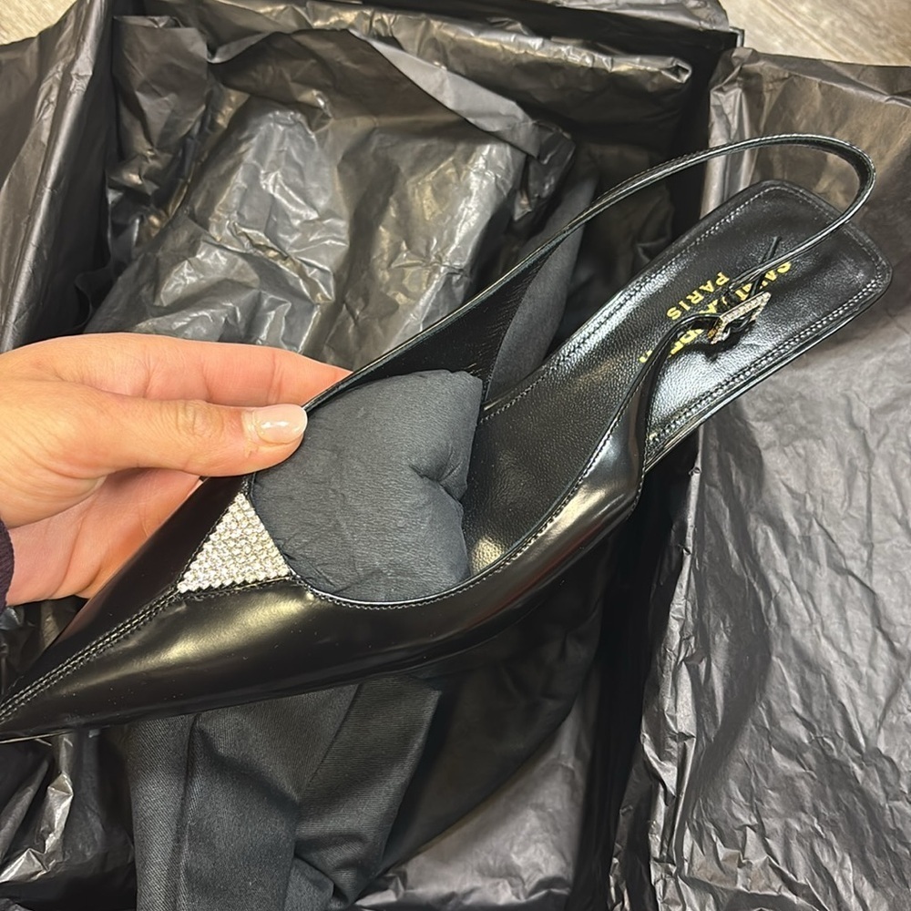 Saint Laurent | Cherish Glazed Leather Rhinestone Slingback, 30mm - Picture 13 of 16